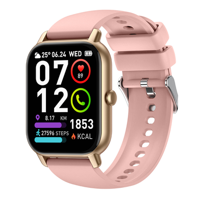 Smartwatch unisex con display rettangolare, cinturino nero, interfaccia digitale e funzione di monitoraggio salute.