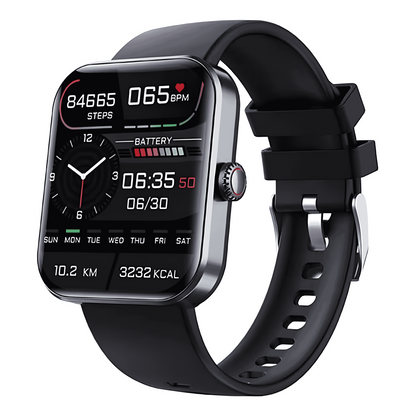 Smartwatch unisex con display rettangolare, cinturino nero, interfaccia digitale e funzione di monitoraggio salute.