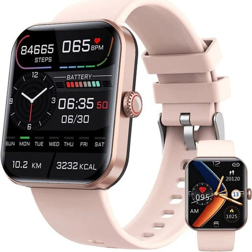 Smartwatch unisex con display rettangolare, cinturino nero, interfaccia digitale e funzione di monitoraggio salute.