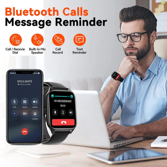 Smartwatch unisex con display rettangolare, cinturino nero, interfaccia digitale e funzione di monitoraggio salute.