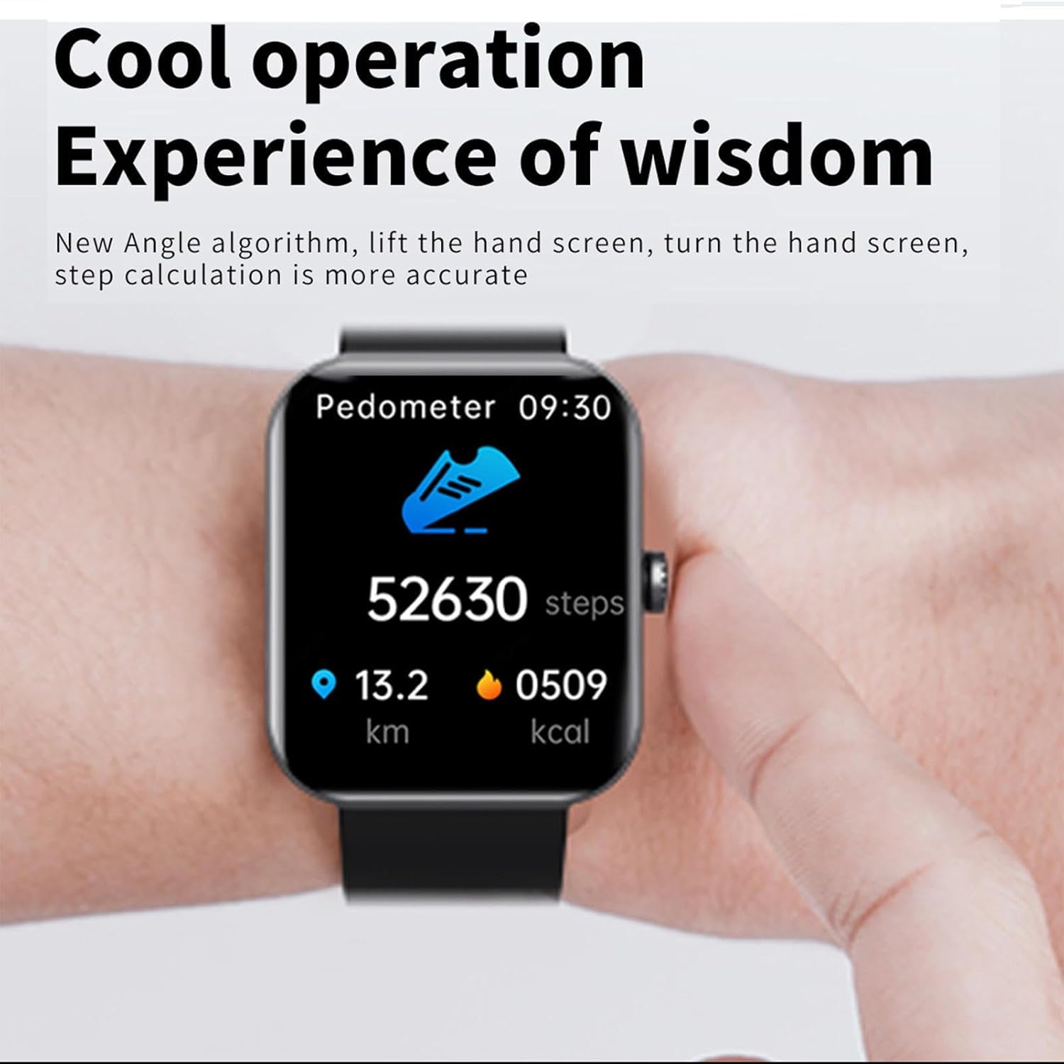 Smartwatch unisex con display rettangolare, cinturino nero, interfaccia digitale e funzione di monitoraggio salute.