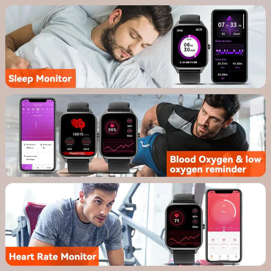 Smartwatch unisex con display rettangolare, cinturino nero, interfaccia digitale e funzione di monitoraggio salute.