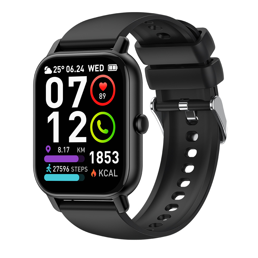 Smartwatch unisex con display rettangolare, cinturino nero, interfaccia digitale e funzione di monitoraggio salute.