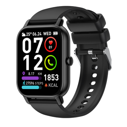 Smartwatch unisex con display rettangolare, cinturino nero, interfaccia digitale e funzione di monitoraggio salute.