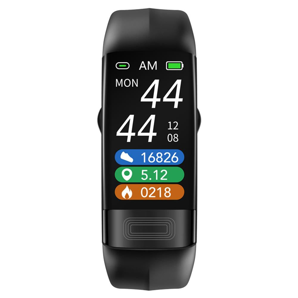 "Smartwatch unisex nero con cinturino in silicone, schermo touchscreen, monitora EKG e frequenza cardiaca."