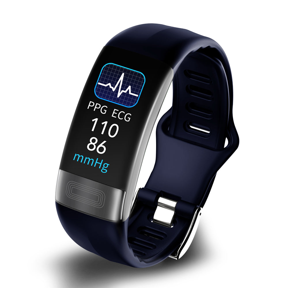 "Smartwatch unisex nero con cinturino in silicone, schermo touchscreen, monitora EKG e frequenza cardiaca."