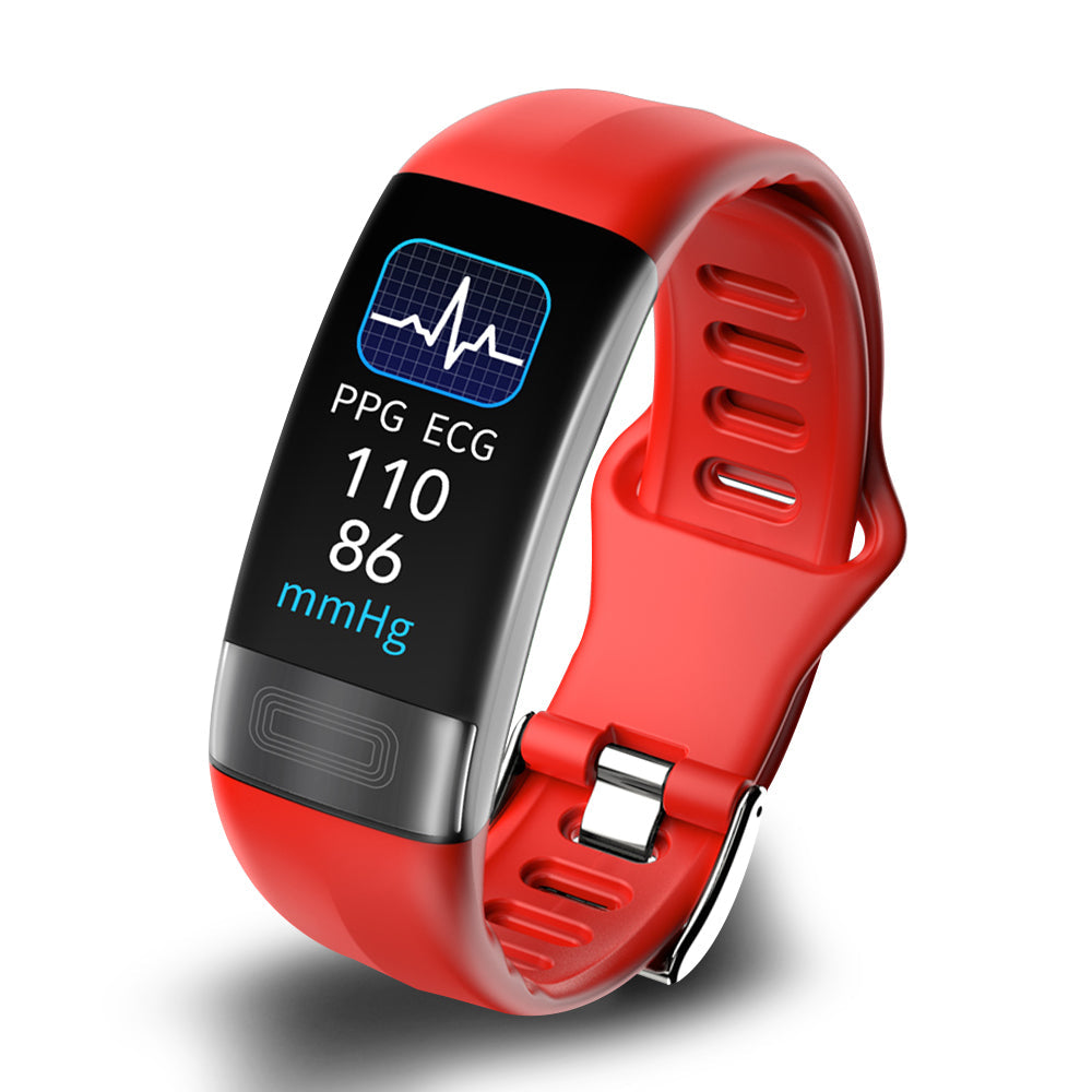 "Smartwatch unisex nero con cinturino in silicone, schermo touchscreen, monitora EKG e frequenza cardiaca."