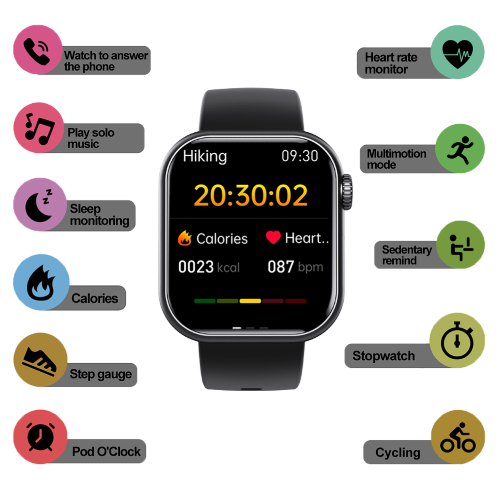 "Smartwatch uomo nero, schermo touch, tracker fitness e pressione, design elegante, ideale per salute e sport."