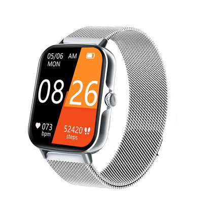 "Smartwatch uomo nero, schermo touch, tracker fitness e pressione, design elegante, ideale per salute e sport."