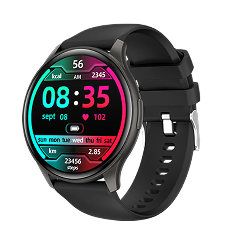 "Smartwatch uomo nero, schermo touch, tracker fitness e pressione, design elegante, ideale per salute e sport."