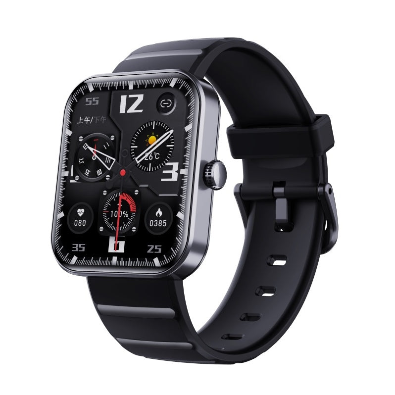 "Smartwatch uomo nero, schermo touch, tracker fitness e pressione, design elegante, ideale per salute e sport."