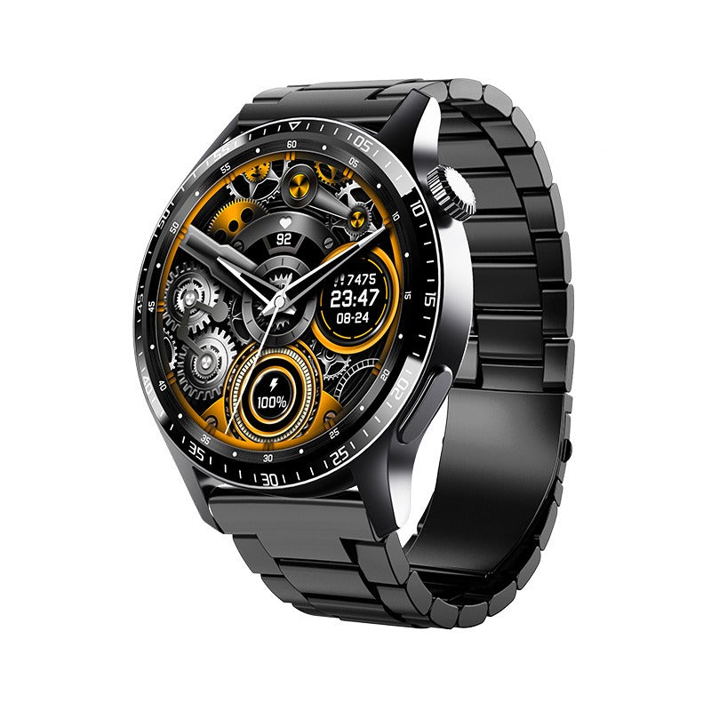 "Smartwatch uomo nero, schermo touch, tracker fitness e pressione, design elegante, ideale per salute e sport."