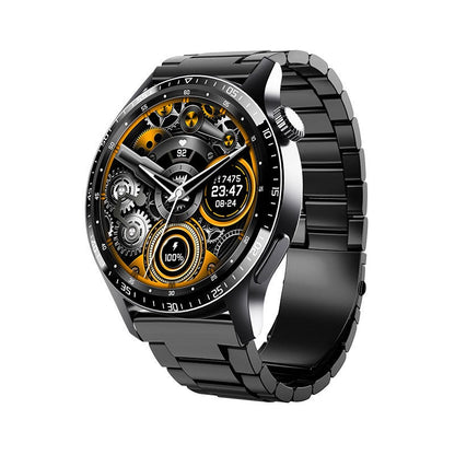 "Smartwatch uomo nero, schermo touch, tracker fitness e pressione, design elegante, ideale per salute e sport."