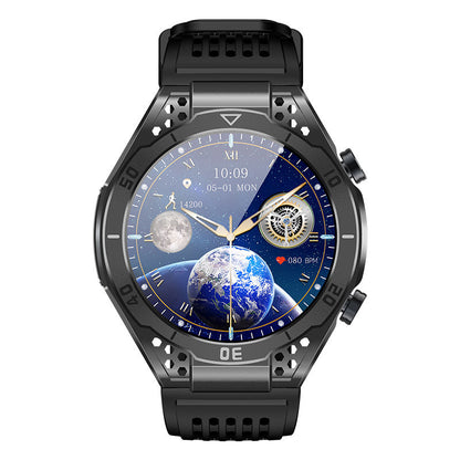 "Smartwatch uomo nero, schermo touch, tracker fitness e pressione, design elegante, ideale per salute e sport."