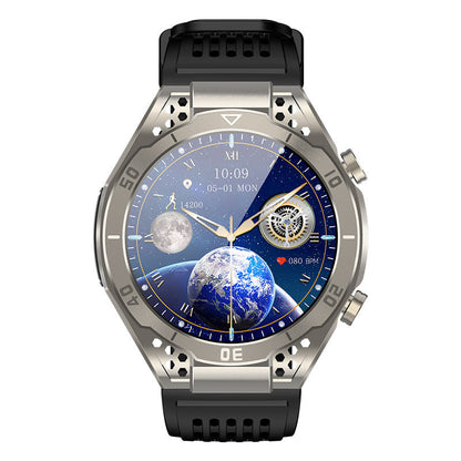 "Smartwatch uomo nero, schermo touch, tracker fitness e pressione, design elegante, ideale per salute e sport."