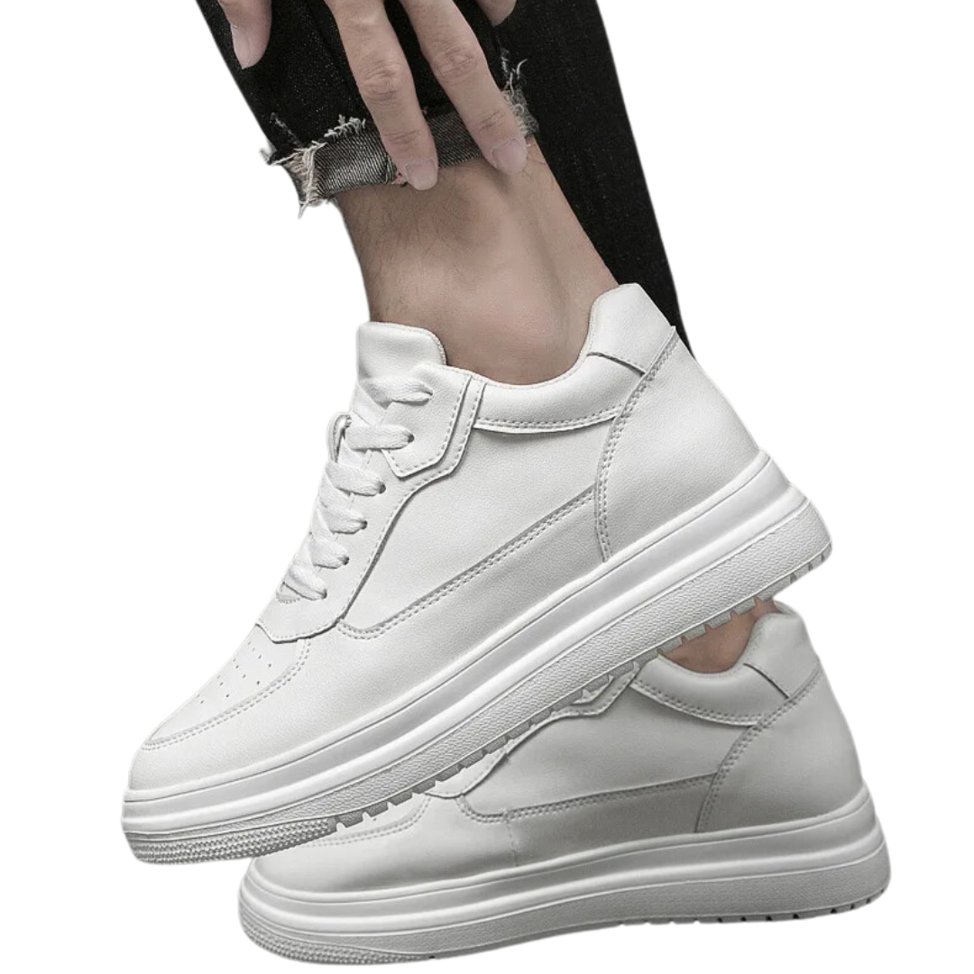 "Sneaker uomo nere-bianche, aumento invisibile, design elegante, comfort imbottito, ideali per look moderni quotidiani."