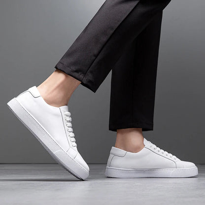 Sneakers eleganti in pelle da uomo, colore marrone, design sobrio, suola bianca, perfette per look casual e semi-formali.