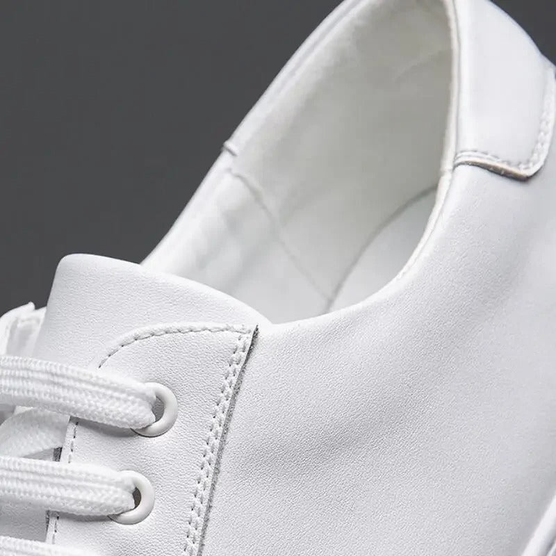Sneakers eleganti in pelle da uomo, colore marrone, design sobrio, suola bianca, perfette per look casual e semi-formali.