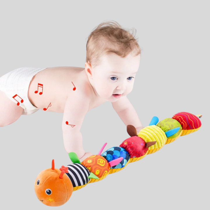 Adorable baby caterpillar plush rattle, a soft sensory toy for infants & toddlers, aids developmental play.
