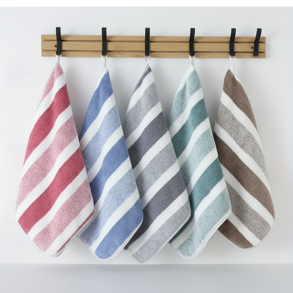 Quick-dry striped coral fleece towels, soft & highly absorbent, perfect for bathroom.