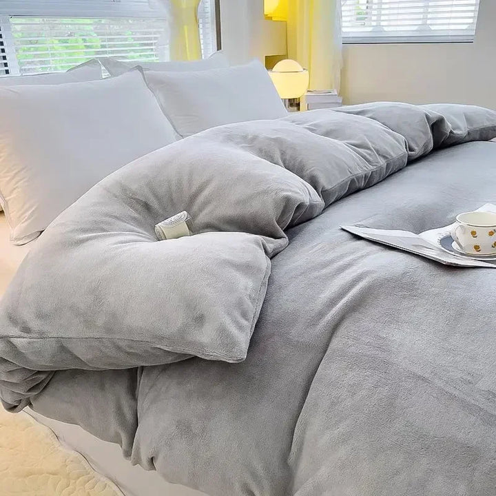 Cozy bedroom featuring a warm flannel fleece duvet cover, enhancing home decor with soft bedding for winter comfort.