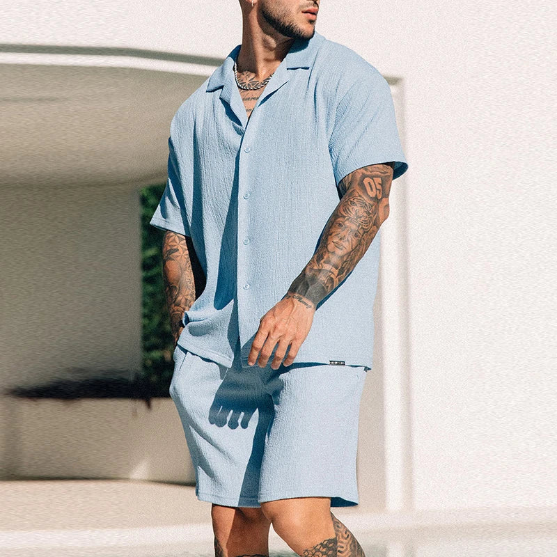 Comfortable black unisex two-piece shorts set, perfect for relaxed casual summer wear.