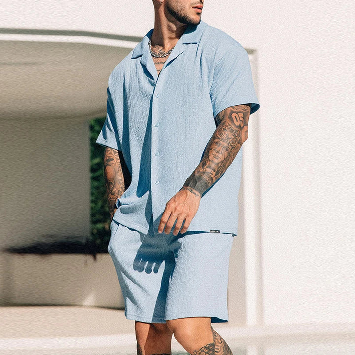 Comfortable black unisex two-piece shorts set, perfect for relaxed casual summer wear.