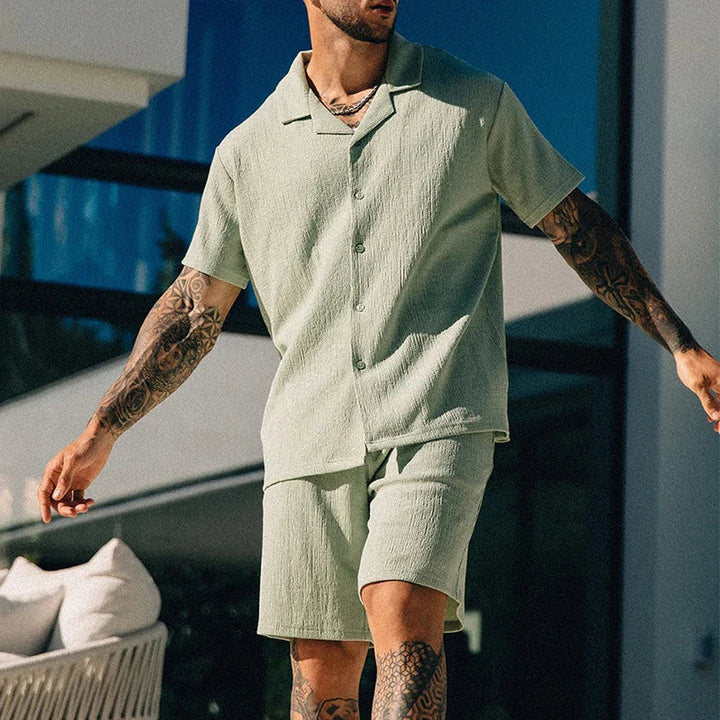 Unisex soft fabric two-piece shorts set in a relaxed fit, essential for comfortable summer casual wear.