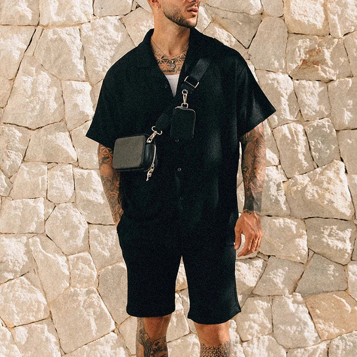 Blue unisex soft two-piece shorts set, designed for ultimate comfort and casual style during summer.