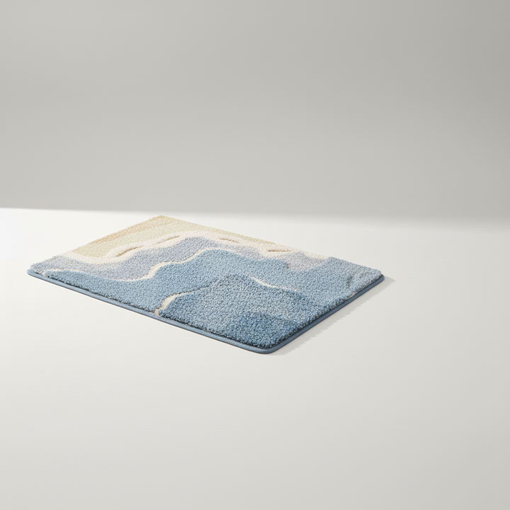 Cozy plush bathroom mat, perfect for stepping out of the shower. Absorbs water, offers non-slip comfort & style.