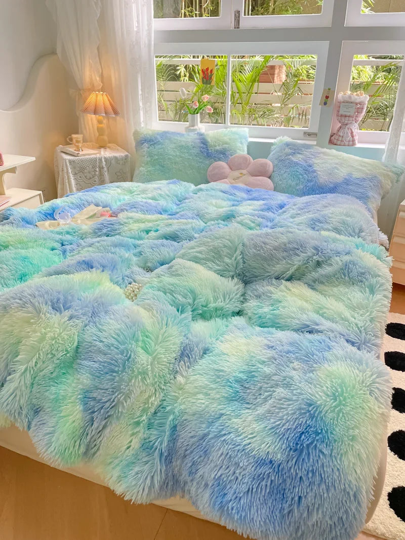 Cozy duvet cover: soft plush material in vibrant candy colors, ideal for bedroom warmth.