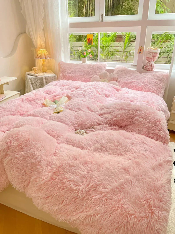 Candy-colored plush duvet cover, perfect for a soft, warm, and inviting cozy bedroom.