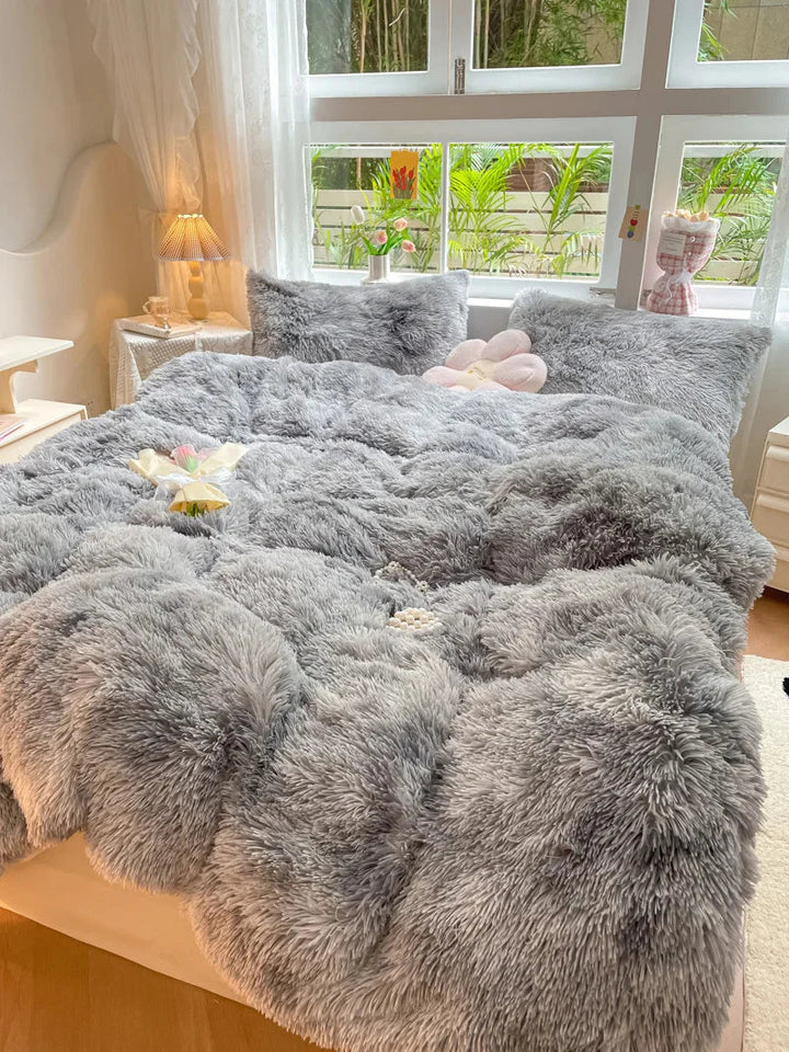 Vibrant candy-colored plush duvet cover for soft, warm, and inviting bed linens.