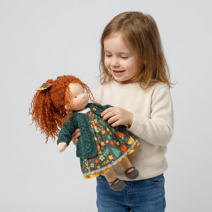 Handmade organic Waldorf doll, soft stuffed cloth toy for imaginative play.