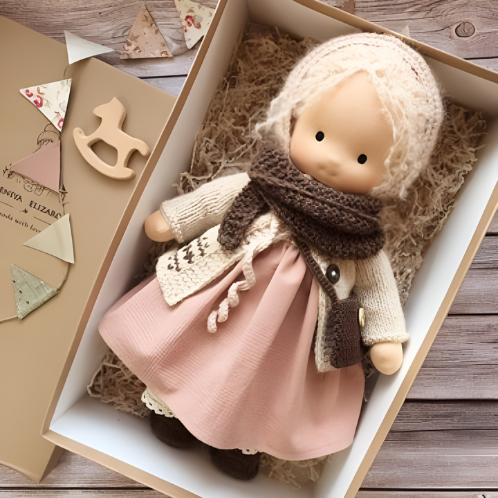 Natural wool Waldorf doll, a gentle cloth play friend for babies & toddlers.