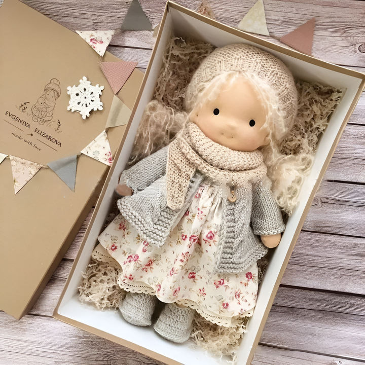 Organic Waldorf comfort doll, soft stuffed cloth toy for kids' gentle play.