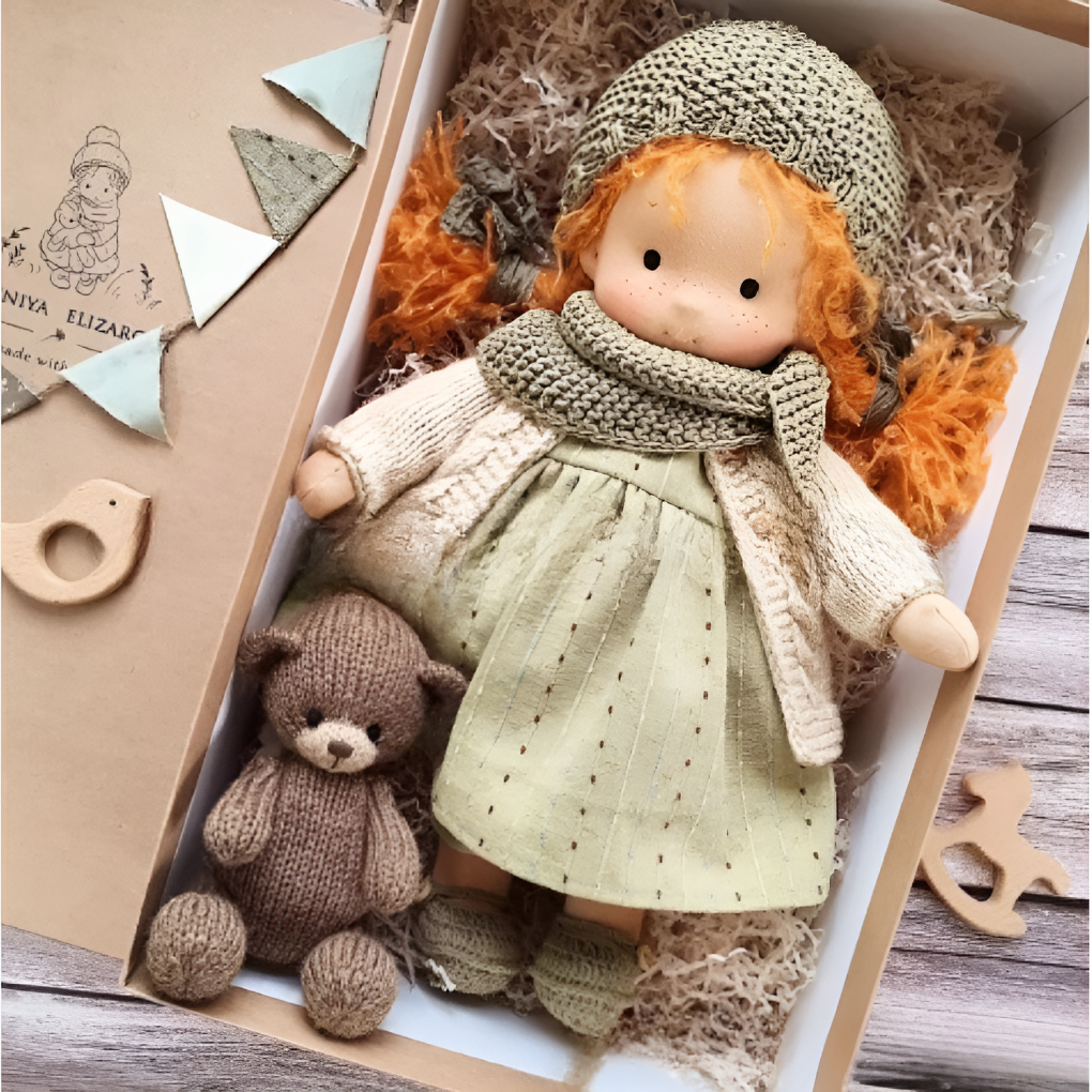 Children's natural Waldorf doll, a soft and cuddly toy for creative, imaginative play.