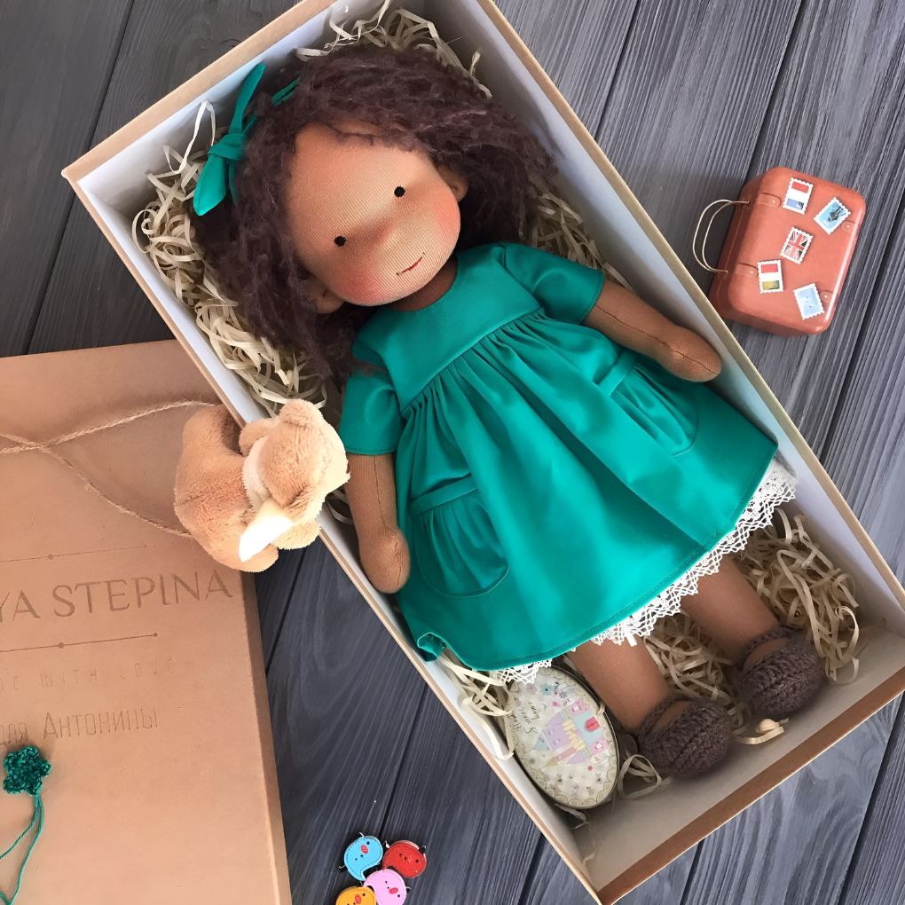 Toddler-friendly Waldorf doll, a soft, natural material cuddly toy for imaginative play.