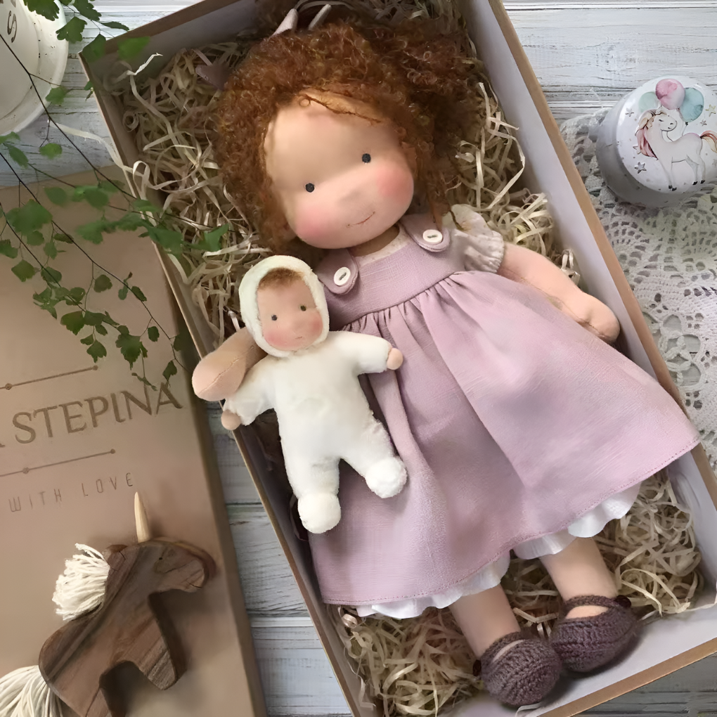 Waldorf doll with natural clothes, a soft and cuddly imaginative children's play toy.