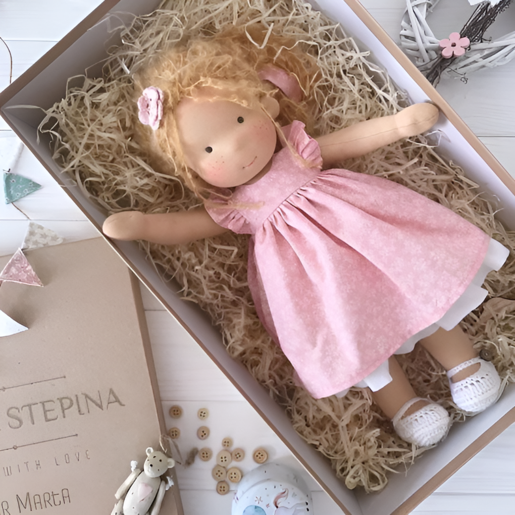 Handmade Waldorf play doll, a soft and cuddly natural material toy for children.