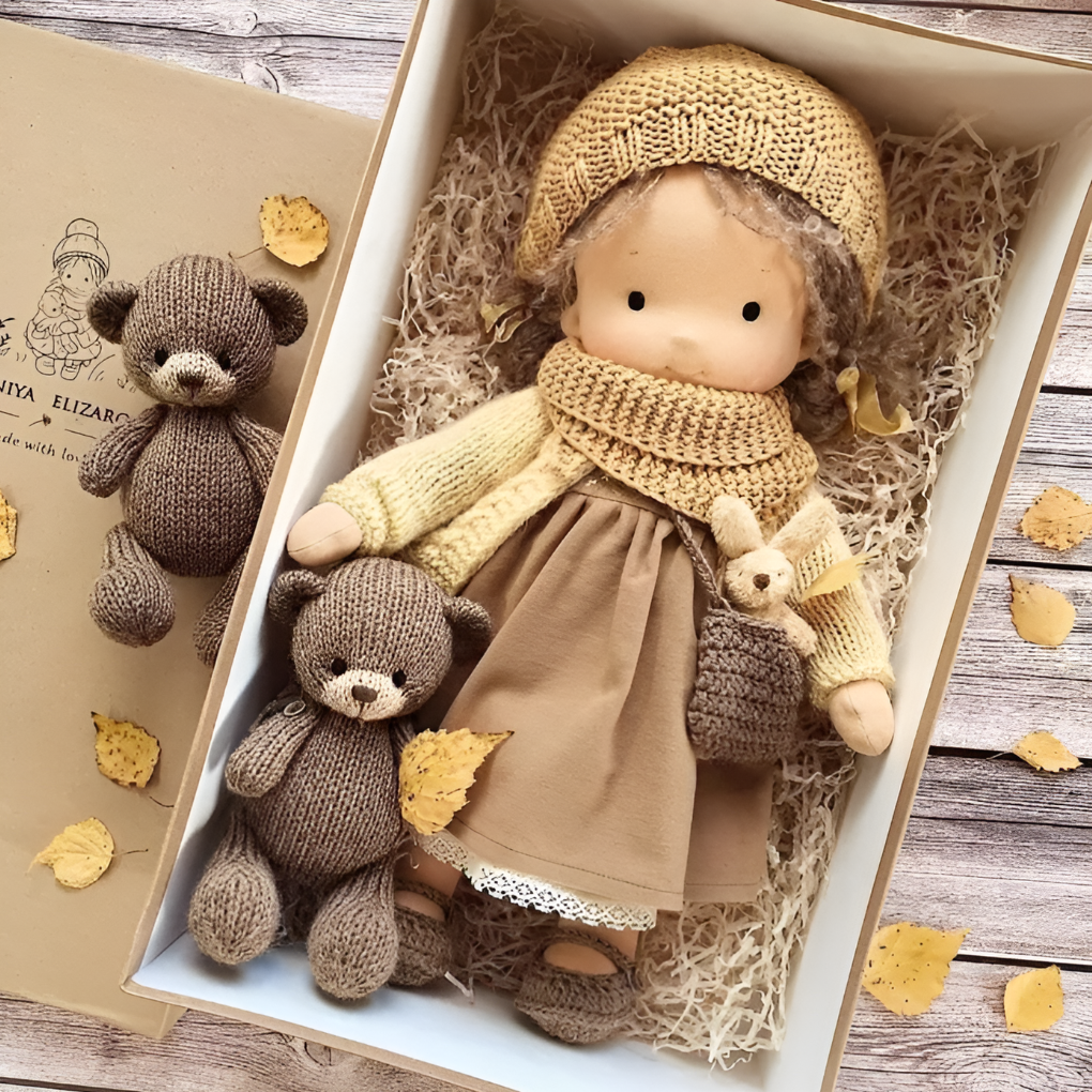 Natural cotton Waldorf doll, a soft and cuddly imaginative play toy for toddlers.