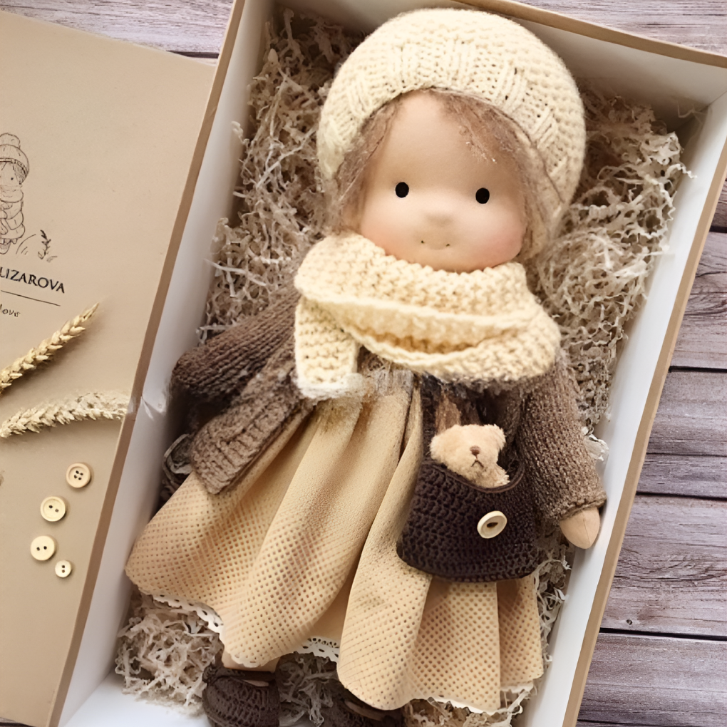 Imaginative Waldorf doll, a soft, handmade cotton and wool toy for children.