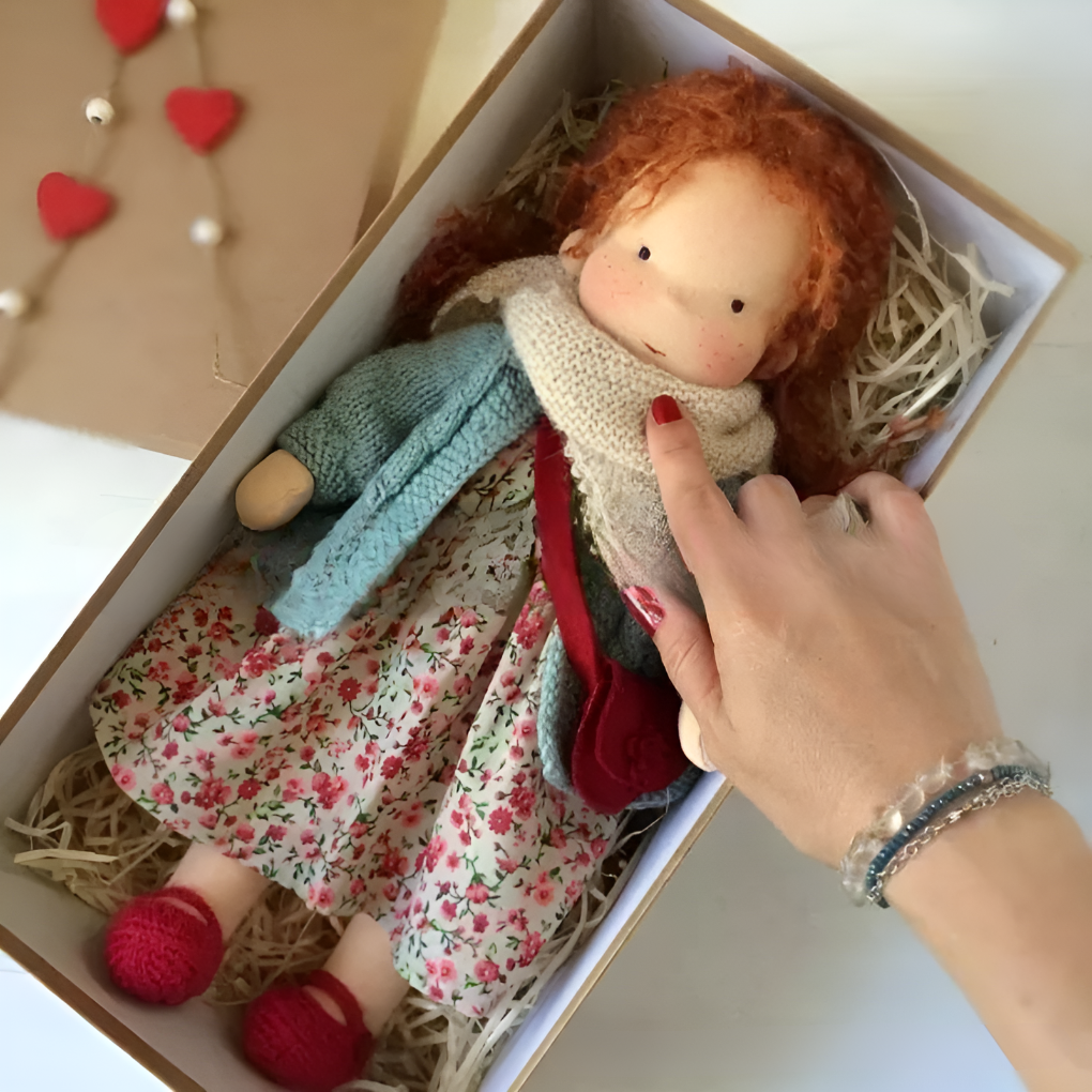 Soft Waldorf doll with simple features, a natural material cuddly toy for imaginative play.