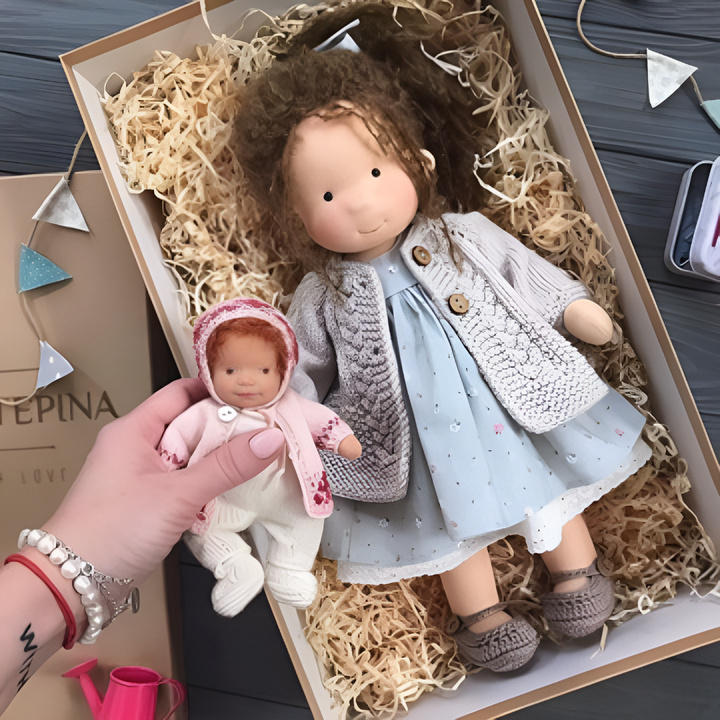Handcrafted Waldorf doll, a soft wool and cotton toy for nurturing imaginative play.