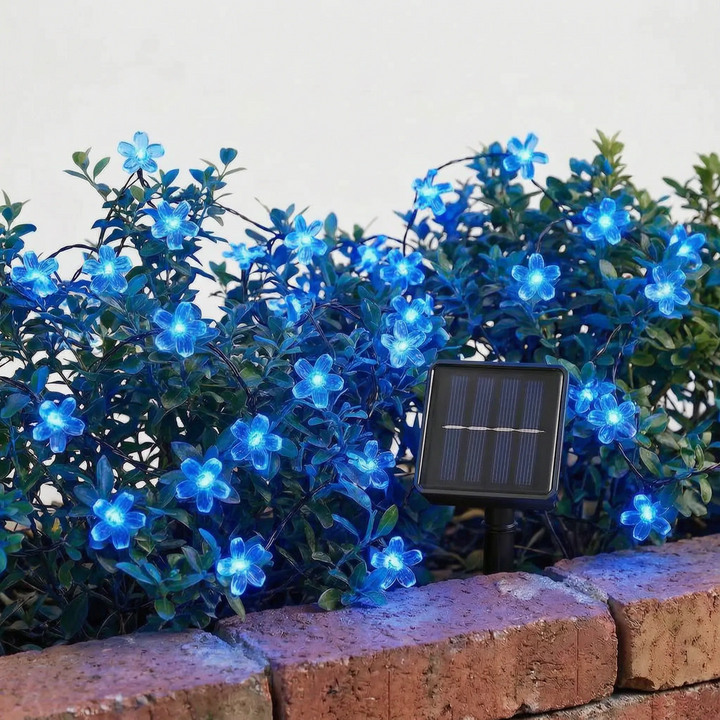 Delicate flower design solar LED string lights, enhancing outdoor areas with soft, decorative glow.