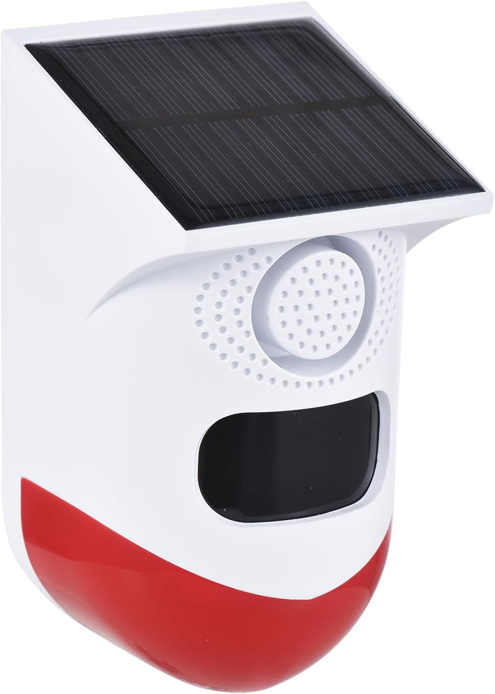 Solar motion sensor security alarm with 120dB siren & LED strobe for outdoor home protection.