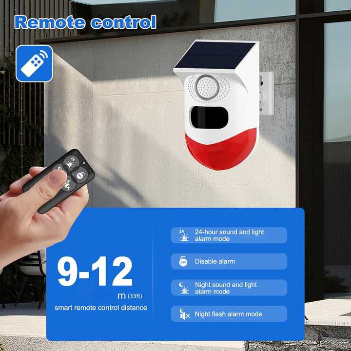 Weatherproof solar security alarm with motion detection, 120dB siren, & strobe light for property.