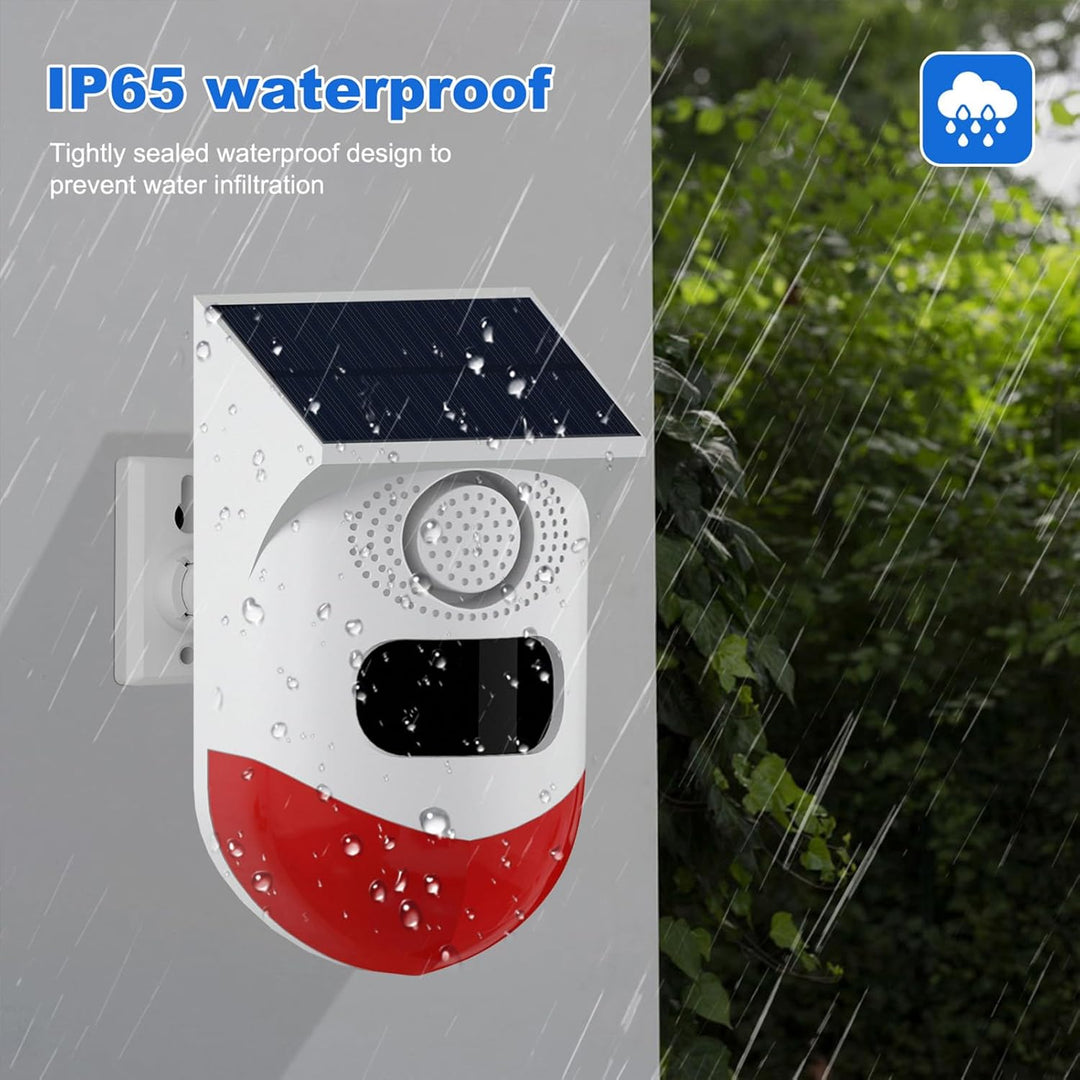 Wireless Feronix solar motion sensor alarm, 120dB siren & LED strobe for outdoor home security system.