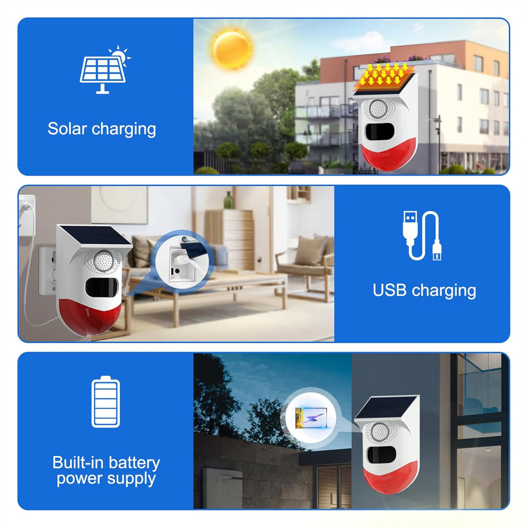Outdoor solar motion sensor security system, 120dB siren, & bright LED strobe light for property.