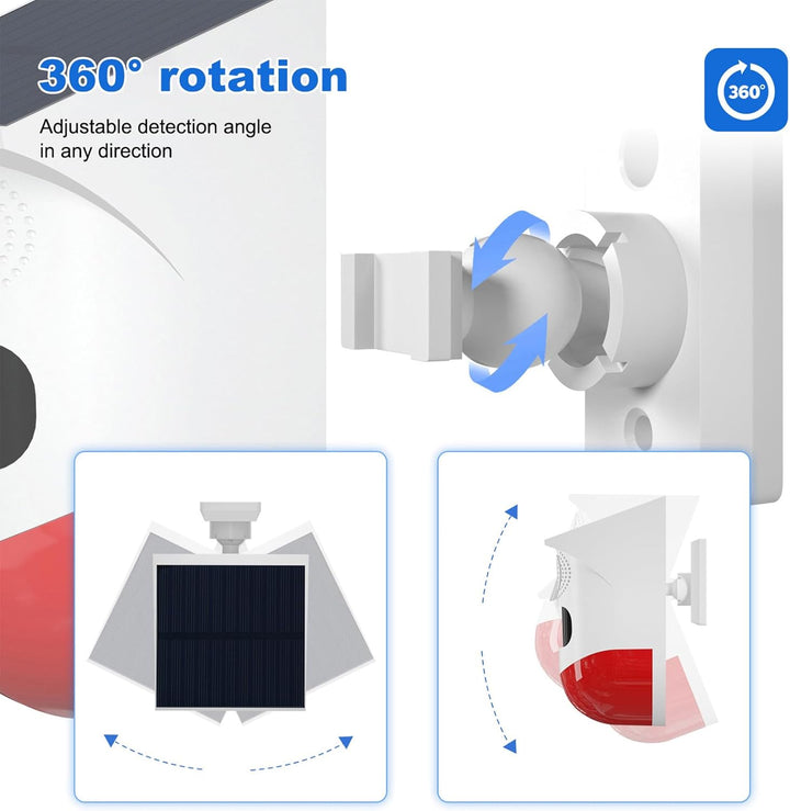 Solar-powered motion sensor security alarm with loud 120dB siren and flashing strobe light.